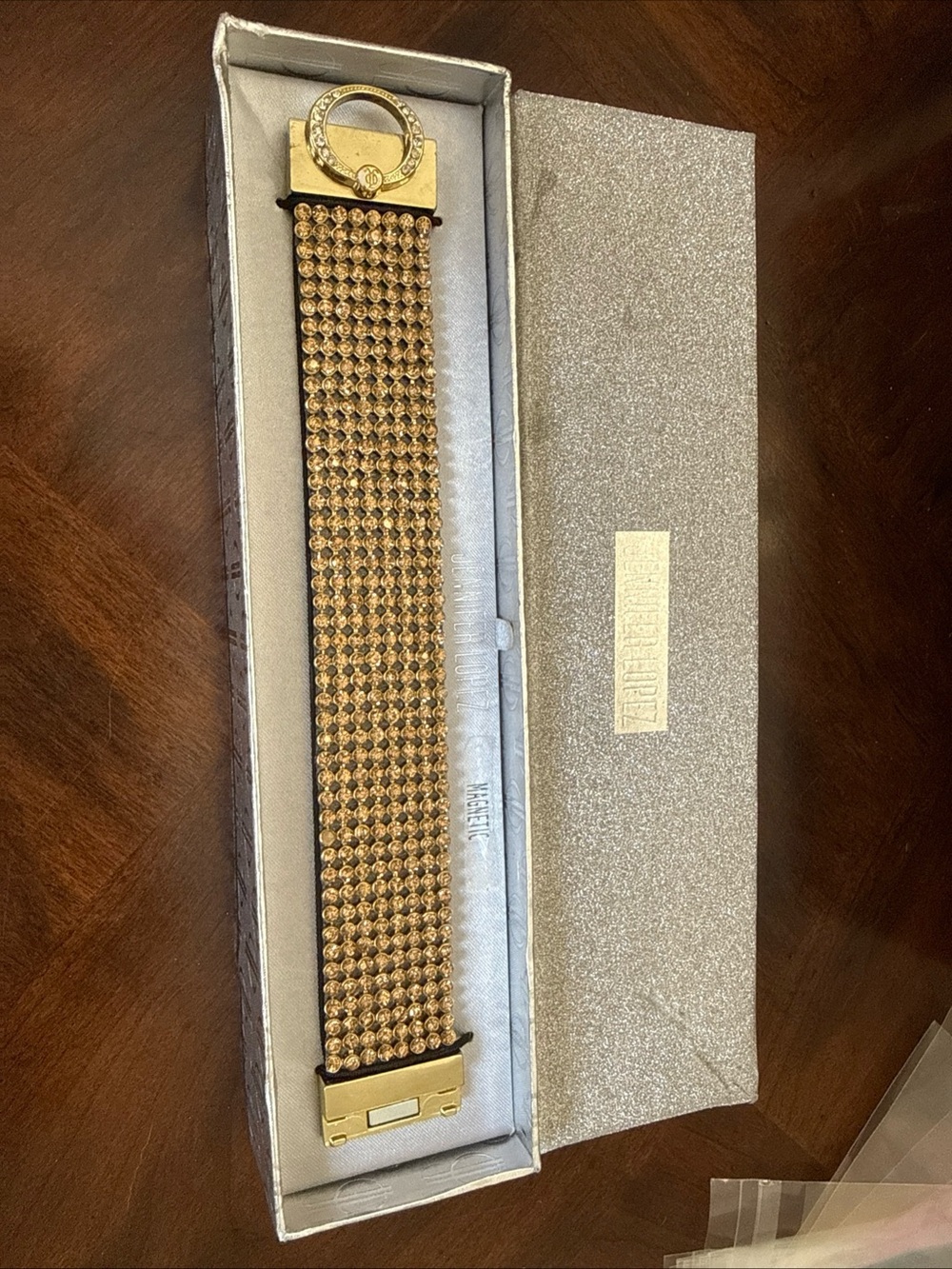 Jennifer Lopez Gold Mesh Rhinestone Wide Bracelet